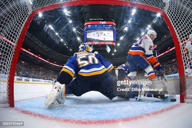 Kyle Palmieri of the New York Islanders narrowly misses scoring a goal against Jordan Binnington of the St. Louis Blues in the first period at...