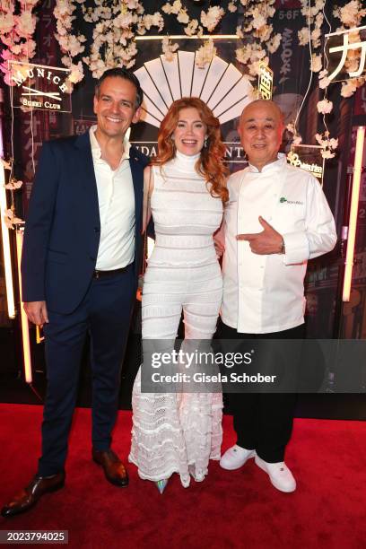 Area Vice President Mandarin Oriental Dominik G. Reiner, Palina Rojinski, Nobu Matsuhisa during the Nobu Munich Sushi Club Dinner on February 22,...