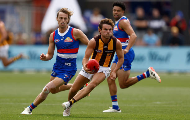 Nick Watson of the Hawks in action during the AFL 2024 Match Simulation between the Western Bulldogs and Hawthorn at Whitten Oval on February 23,...