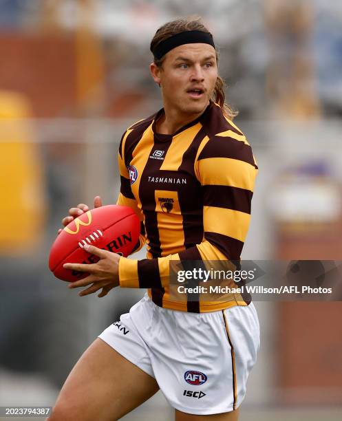 Jack Ginnivan of the Hawks in action during the AFL 2024 Match Simulation between the Western Bulldogs and Hawthorn at Whitten Oval on February 23,...