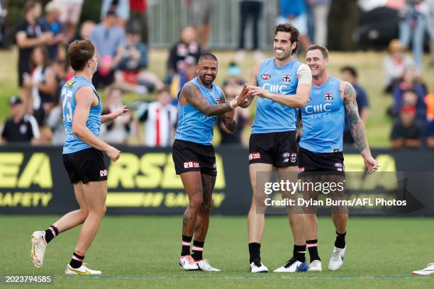 Max King of the Saints celebrates a goal with teammate Bradley Hill during the AFL 2024 Match Simulation between the St Kilda Saints and Essendon...