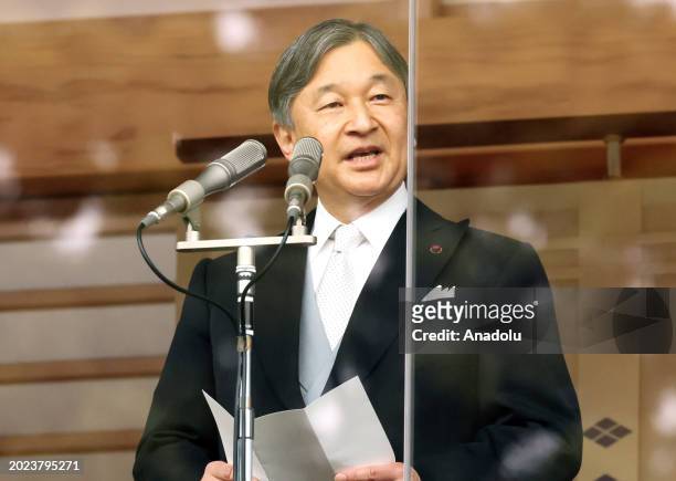 Japanese Emperor Naruhito addresses during the 64th birthday celebration on the balcony of the Imperial Palace in Tokyo, Japan on February 23, 2024.