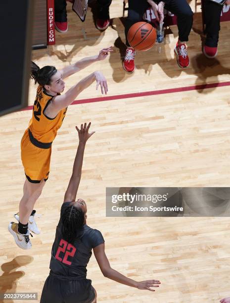 Iowa Hawkeyes guard Caitlin Clark takes a 3 point shot against Indiana Hoosiers guard Chloe Moore McNeil on February 22, 2024 at Simon Skjodt in...