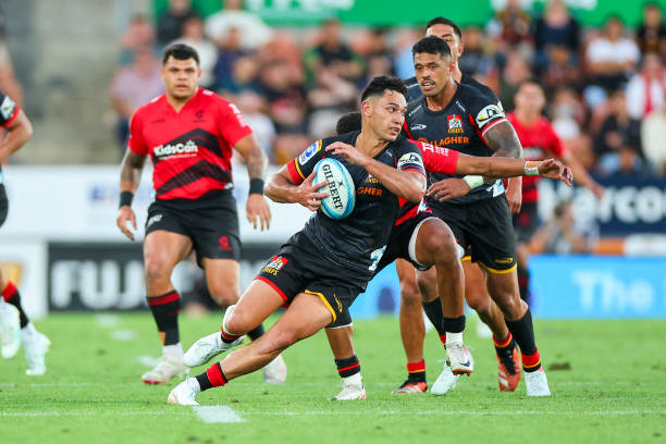 Shaun Stevenson of the Chiefs runs with the ball during round one of the super rugby game between the Chiefs and the Crusaders at FMG Stadium in...