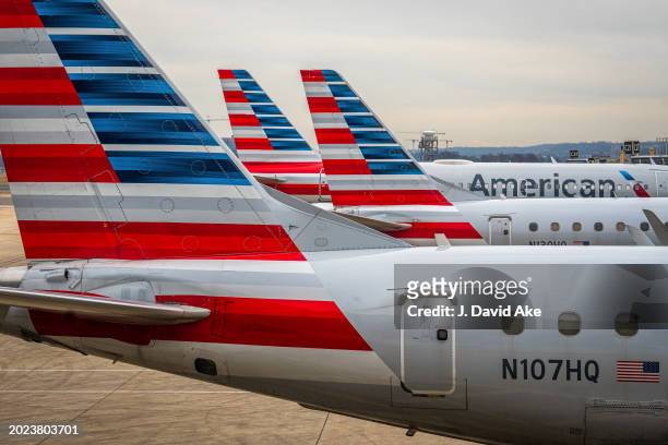 American Airlines passenger jets are lined up on the gates at Washingtons Reagan National Airport on February 10 in Arlington, VA.