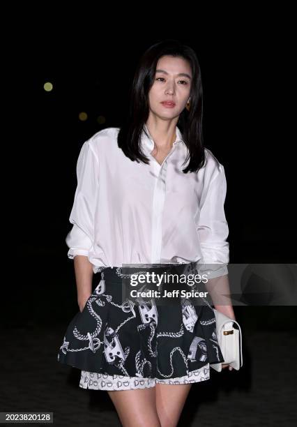 Jun Ji Hyun attends the Burberry show during London Fashion Week February 2024 in Victoria Park on February 19, 2024 in London, England.
