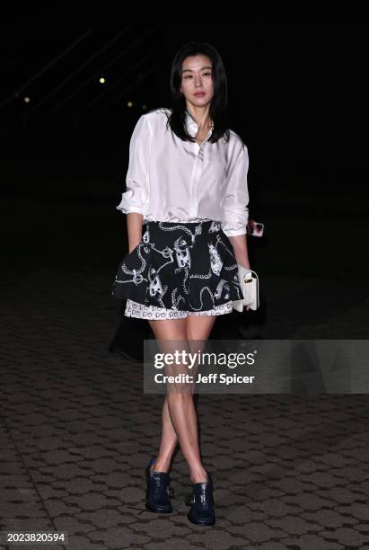 Jun Ji Hyun attends the Burberry show during London Fashion Week February 2024 in Victoria Park on February 19, 2024 in London, England.