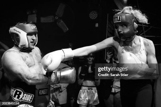 Fighters Avery Ellis and Max Adler spar during Von's BLOODY MARY: KOs and Kink show at House Of Yes on February 18, 2024 in the Brooklyn borough of...