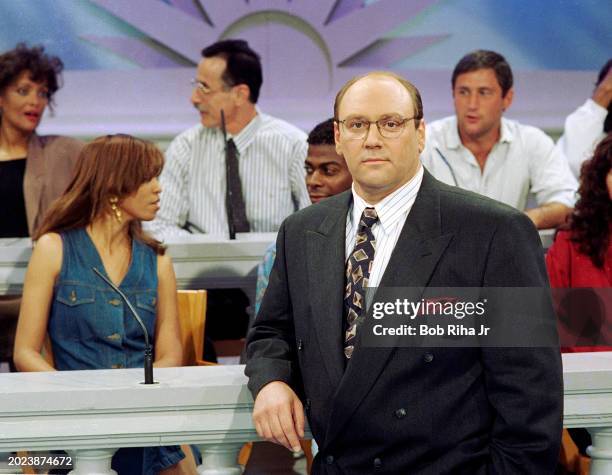 Television Host Bill Handel of tv show called Judge For Yourself, rehearses an OJ Simpson segment with mock jury selected from audience who viewed...