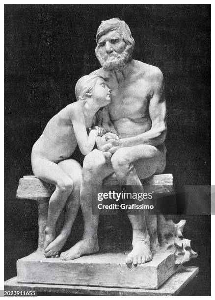 senior adult with consoling little girl sculpture 1863 - father hugging daughter stock illustrations