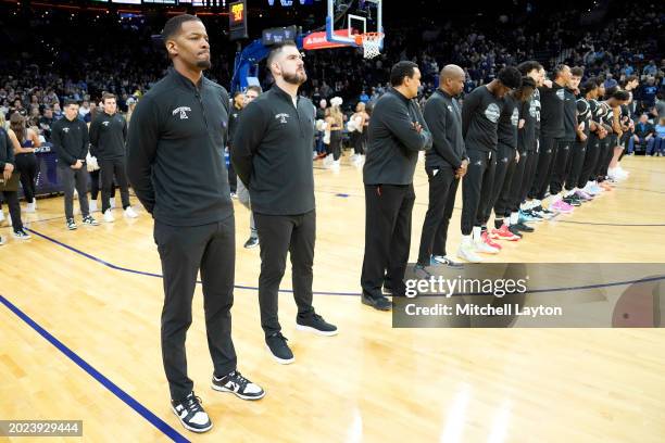 Head coach Kim English and the Providence Friars lines up fort the Nationals anthem during a college basketball game against the Villanova Wildcats...