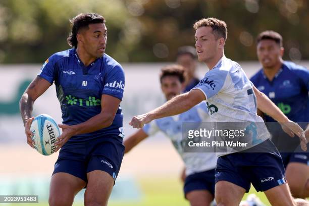 Rieko Ioane of the Blues passes during a Blues Super Rugby Pacific training session at Blues HQ on February 20, 2024 in Auckland, New Zealand.