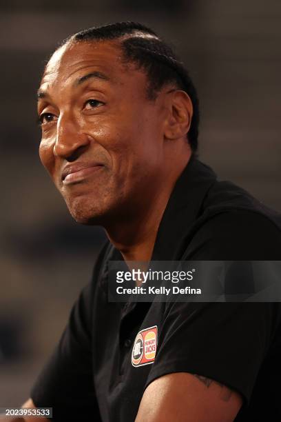Scottie Pippen speaks to media during the 2024 NBL Finals Launch at John Cain Arena on February 20, 2024 in Melbourne, Australia.