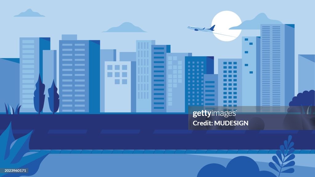 Cityscape with main street and sky background vector illustration. Urban landscape. Daytime cityscape in flat style.