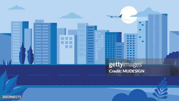 cityscape with main street and sky background vector illustration. urban landscape. daytime cityscape in flat style. - flat stock illustrations