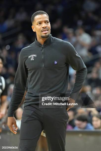 Head coach Kim English of the Providence Friars looks on during a college basketball game against the Villanova Wildcats at Wells Fargo Center on...