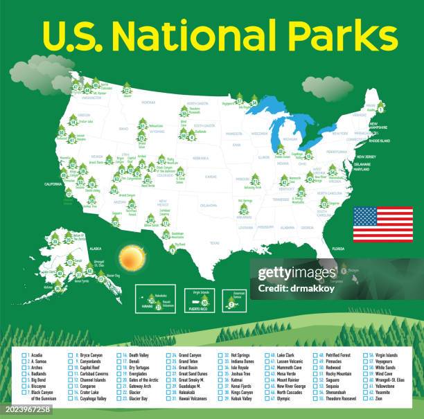 ilustraciones, imágenes clip art, dibujos animados e iconos de stock de mapa de parques de ee. uu. - parque nacional