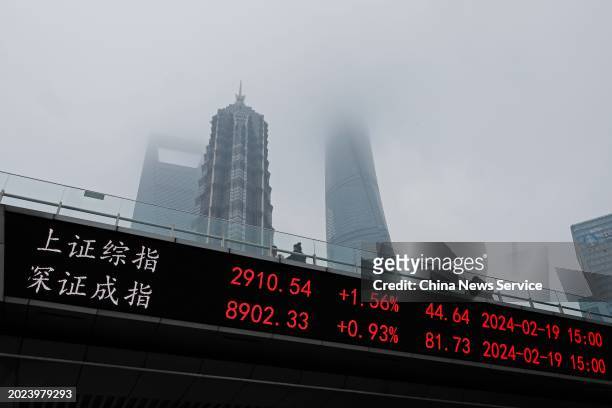 An electronic ticker displays stock figures at Lujiazui Financial District on the first trading day of the Year of the Dragon on February 19, 2024 in...