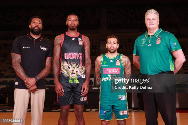 Justin Tatum, Coach of Illawarra Hawks, Gary Clark of the Illawarra Hawks, Jordon Crawford of Tasmania JackJumpers and Scott Roth, Coach of Tasmania...