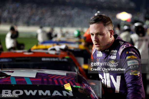Alex Bowman, driver of the Ally Chevrolet, exits his car after the NASCAR Cup Series Daytona 500 at Daytona International Speedway on February 19,...