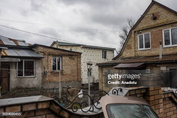 An exterior view of damaged residential buildings in Gostomel, a town located near Kyiv and it has been heavily impacted by the ongoing attacks,...
