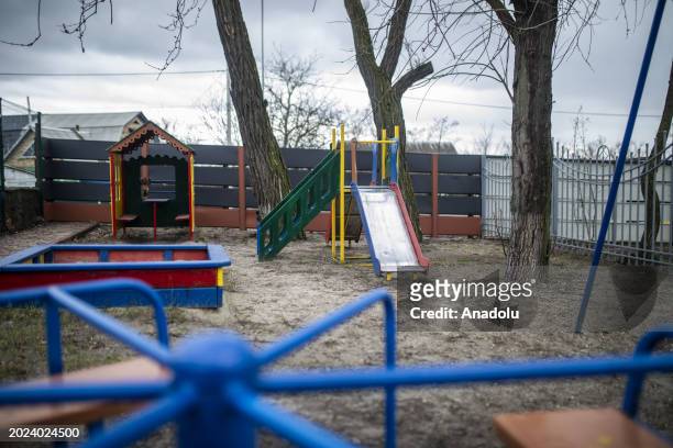 Playground of the residential buildings is seen in Gostomel, a town located near Kyiv and it has been heavily impacted by the ongoing attacks, ahead...