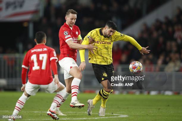 Luuk de Jong of PSV Eindhoven, Emre Can of Borussia Dortmund during the UEFA Champions League round of 16 match between PSV Eindhoven and Borussia...