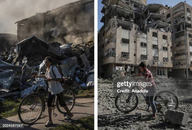 Composite image assembled of photos from left to right showing similarities which depict the dimensions of the war in Ukraine and Israeli attacks on...