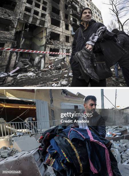 Composite image assembled of photos from top to bottom showing similarities which depict the dimensions of the war in Ukraine and Israeli attacks on...