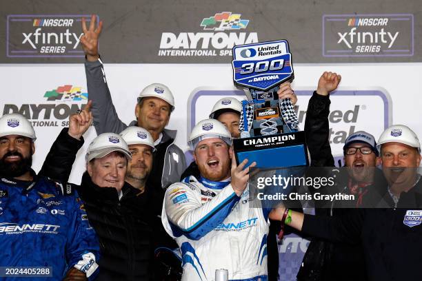 Austin Hill, driver of the Bennett Transportation Chevrolet, and RCR team owner and NASCAR Hall of Famer, Richard Childress celebrate in victory lane...