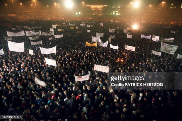 Among more than 100,000 people demonstrate in Leipzig on November 20, 1989 to call for free elections and end to Communist Party political monopoly...
