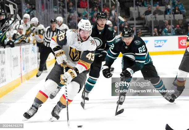 Paul Cotter of the Vegas Golden Knights skates with control of the puck against the San Jose Sharks during the first period of an NHL hockey game at...