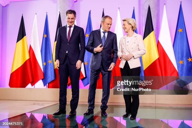 Polish Prime Minister, Donald Tusk greets the Prime Minister of Belgium, Alexander De Croo and the President of European Commission, Ursula von der...