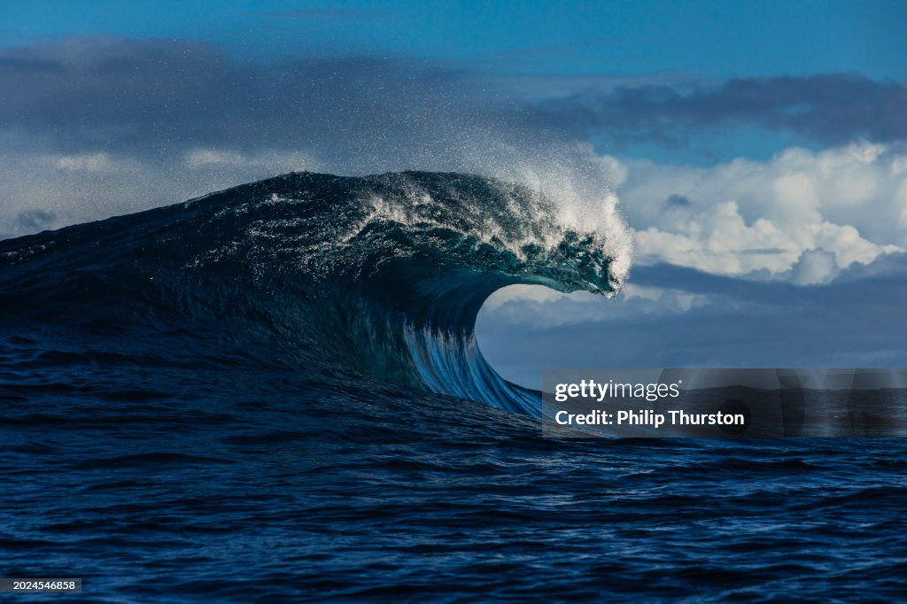 Large blue wave with perfect curl breaking in the open ocean over a shallow reef bombora