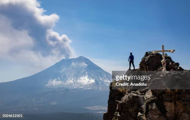 Active volcano Popocatepetl, with an altitude of 5400 meters above sea level and approximately two kilometers high, emits a huge fumarole, located in...