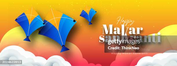 flying kites banner for maker sankranti festival - kite bird stock illustrations