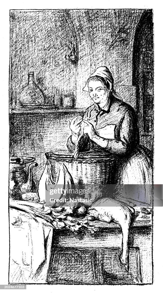 Woman in kitchen calculating with fingers