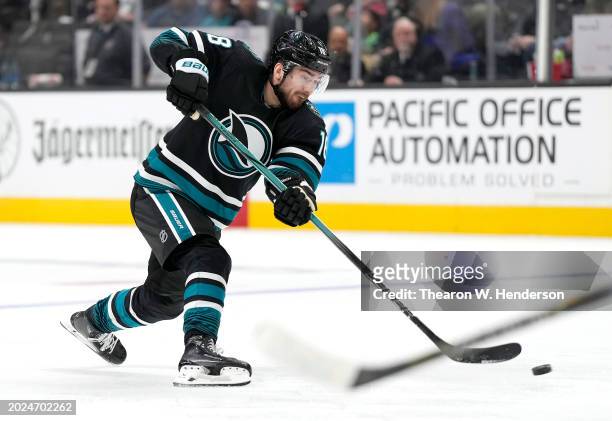 Filip Zadina of the San Jose Sharks skates with the puck against the Vegas Golden Knights during the second period of an NHL hockey game at SAP...