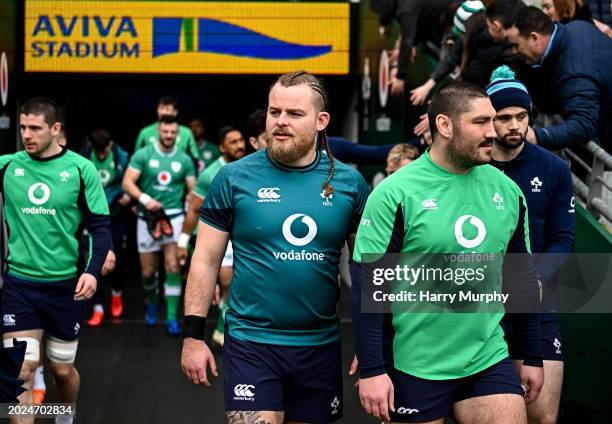 Dublin , Ireland - 23 February 2024; Finlay Bealham and Tom O'Toole walks out for an Ireland rugby captain's run at the Aviva Stadium in Dublin.