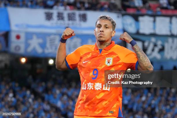 Cryzan of Shandong Taishan celebrates the opener during the AFC Champions League Round of 16 second leg match between Kawasaki Frontale and Shandong...