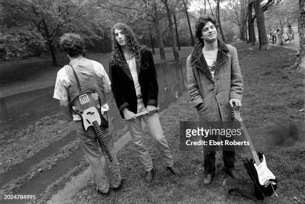 American rock band Flat Duo Jets in Riverside Park in New York City on May 17, 1990. Left to right: singer/guitarist Dexter Romweber, drummer Chris...