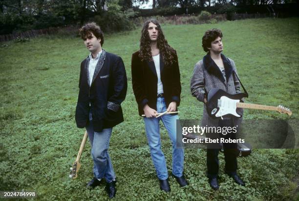 American rock band Flat Duo Jets in Riverside Park in New York City on May 17, 1990. Left to right: singer/guitarist Dexter Romweber, drummer Chris...