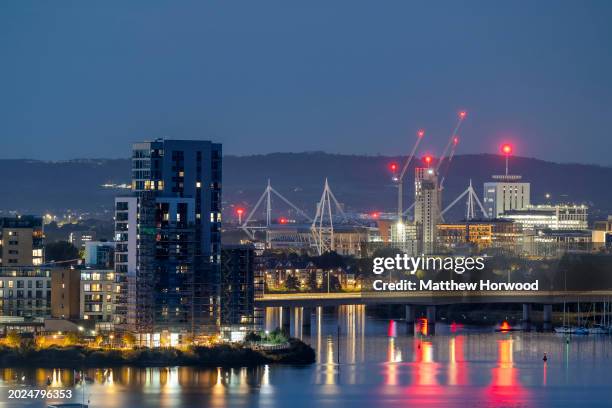 General view of Cardiff city centre skyline at sunset on October 7, 2023 in Cardiff, Wales.