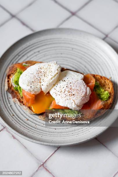 healthy breakfast from poached eggs and toast bread - english breakfast stock pictures, royalty-free photos & images