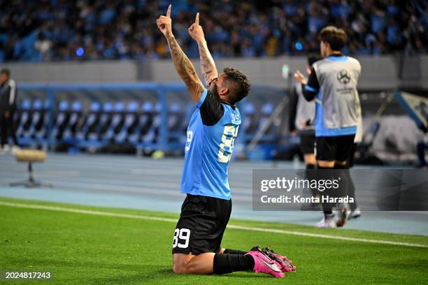 Erison of Kawasaki Frontale celebrates after scoring the team's second goal during the AFC Champions League Round of 16 second leg match between...