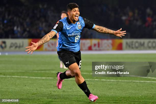 Erison of Kawasaki Frontale celebrates after scoring the team's second goal during the AFC Champions League Round of 16 second leg match between...