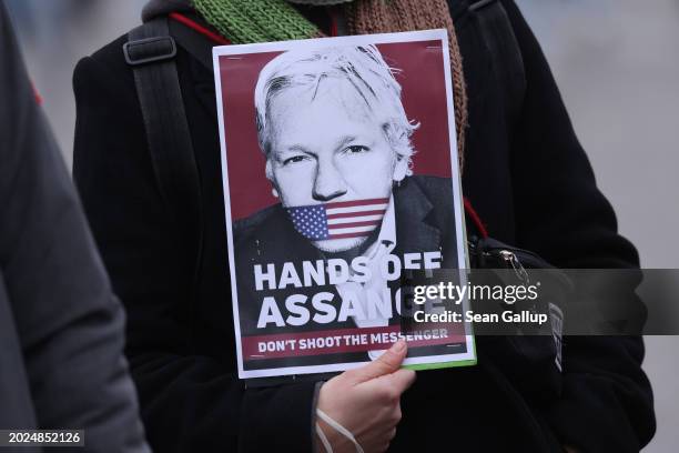 People gather to demand freedom for Wikileaks founder Julian Assange on February 20, 2024 in Berlin, Germany. Assange and his lawyers are appealing...
