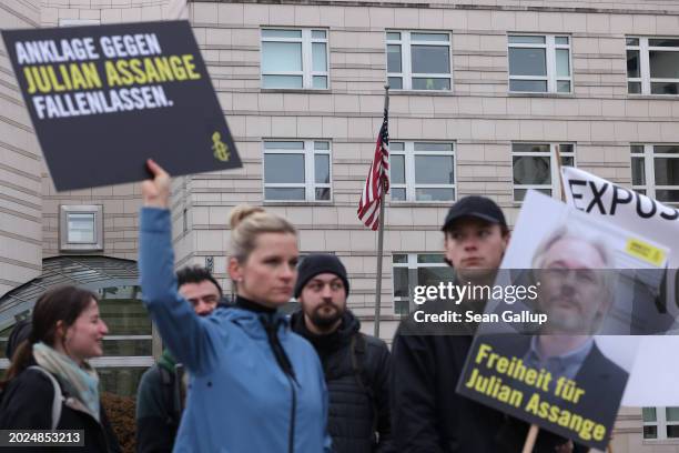 People gather outside the U.S. Embassy to demand freedom for Wikileaks founder Julian Assange on February 20, 2024 in Berlin, Germany. Assange and...