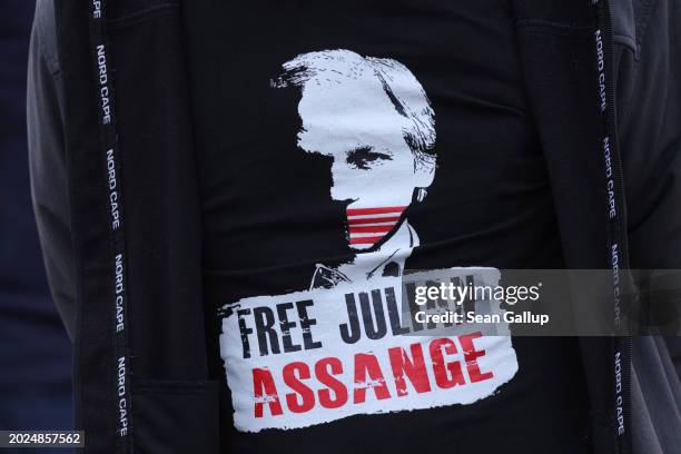 People gather to demand freedom for Wikileaks founder Julian Assange on February 20, 2024 in Berlin, Germany. Assange and his lawyers are appealing...