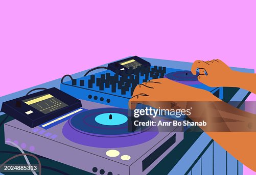 Hands of a DJ expertly scratching records on turntables at a vibrant club setting. Music Production, DJing, Turntablism, Nightlife, Entertainment, Performance, Rhythm